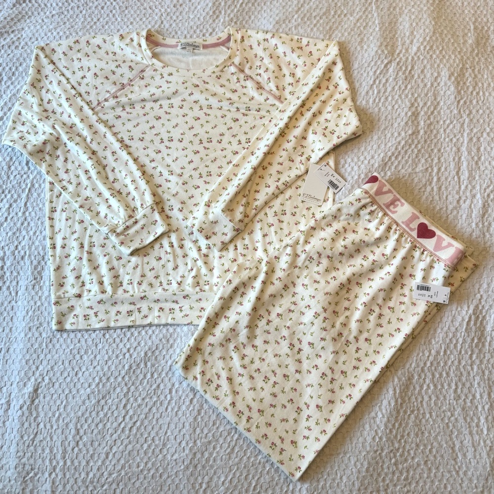 PJ Salvage Cream and Pink Pajama Long Sleeve Pant Set with Textured Dots